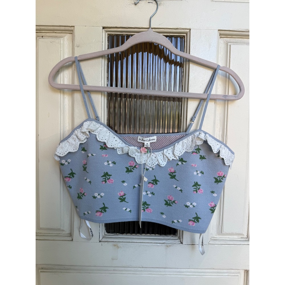 For Love & Lemons Blue Floral Knit Crop Top Eyelet Lace Camisole Size Medium